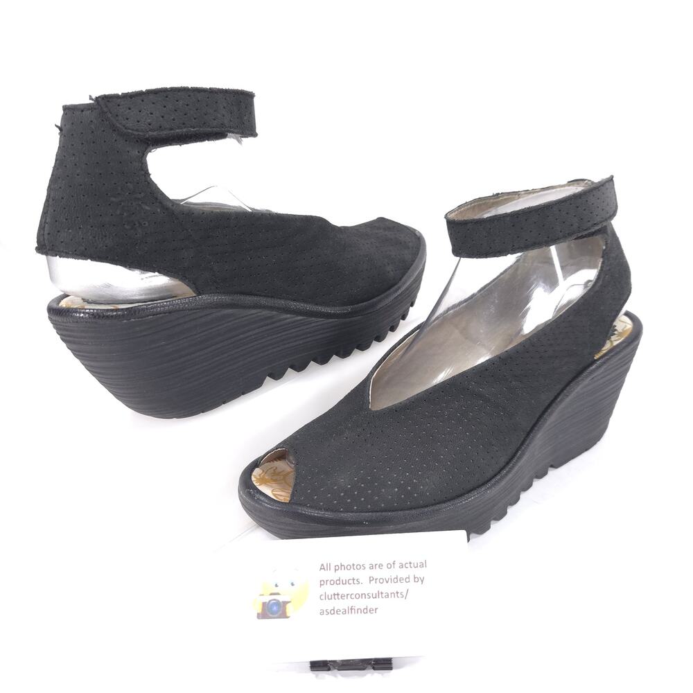 Fly London Casual Suede Wedge Sandal Womens Size 7.5 38 P500376028 Black - Picture 5 of 9